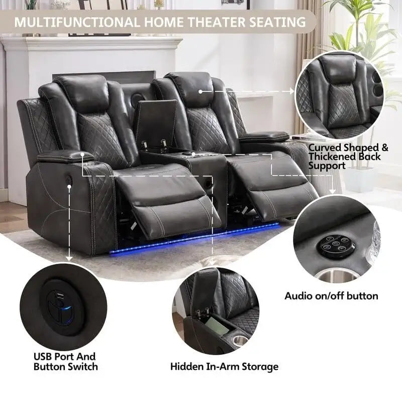 Elektrisch verstellbares Sofa mit kabellosem Ladegerät, Leselampe für das Wohnzimmer, Kunstleder, LED-Beleuchtung, AC-/USB-Anschluss und Getränkehalter, Schwarz
