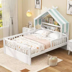 Letto a casetta in legno ModernLuxe per letto singolo/matrimoniale con testiera contenitore, struttura letto per bambini in pino massello con sponde di sicurezza