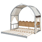 Letto Montessori a piattaforma in legno massello a forma di casetta, con tetto ad arco e letto estraibile, per bambine e bambini