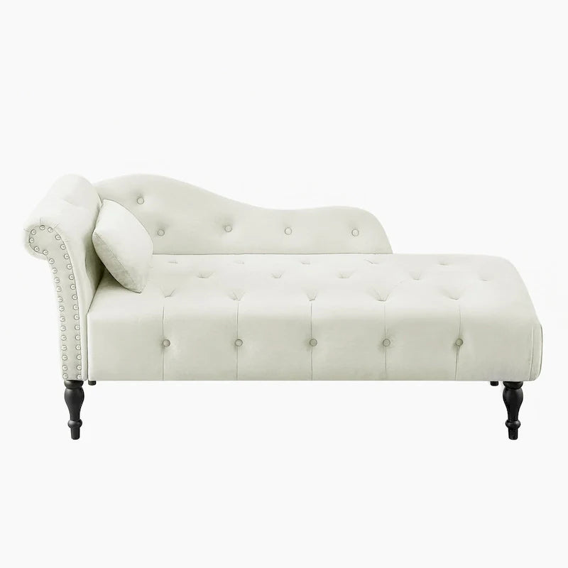 Chaise longue moderna da 60,6" in velluto con bottoni trapuntati, gambe in legno massello e borchie decorative