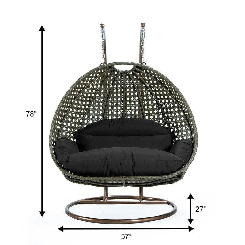 Poltrona sospesa a uovo LeisureMod per 2 persone con supporto - Altalena da patio in rattan intrecciato per esterni/interni, chaise longue con cuscini