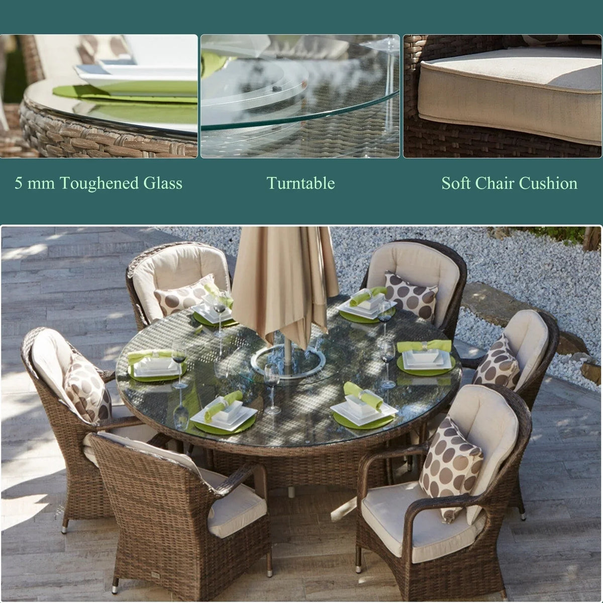 7-delige ronde eetset van rotan voor buiten op het terras, met kussens, van Moda Furnishings