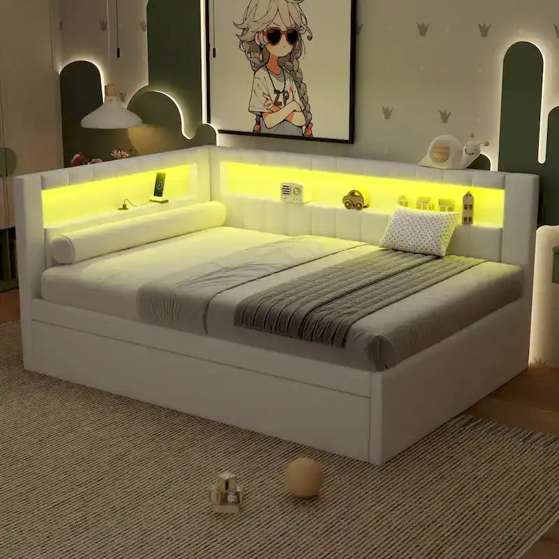 Gestoffeerd platformbed met USB-poorten en ledverlichting - bedframe voor tweepersoonsbed/twin-size met 2 opberglades - moderne slaapkamer