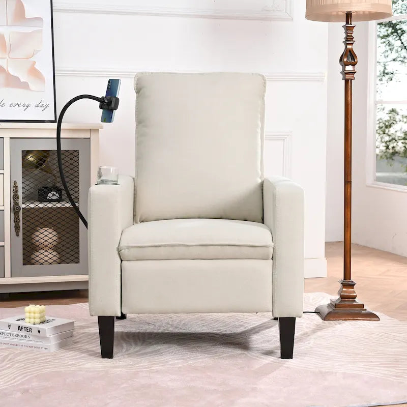 Poltrona reclinabile manuale in tessuto con portacellulare e contenitore, Gialla / Beige / Rossa / Grigia, 1 posto