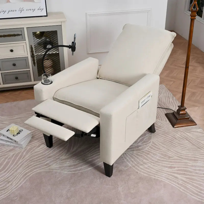 Poltrona reclinabile manuale in tessuto con portacellulare e contenitore, Gialla / Beige / Rossa / Grigia, 1 posto