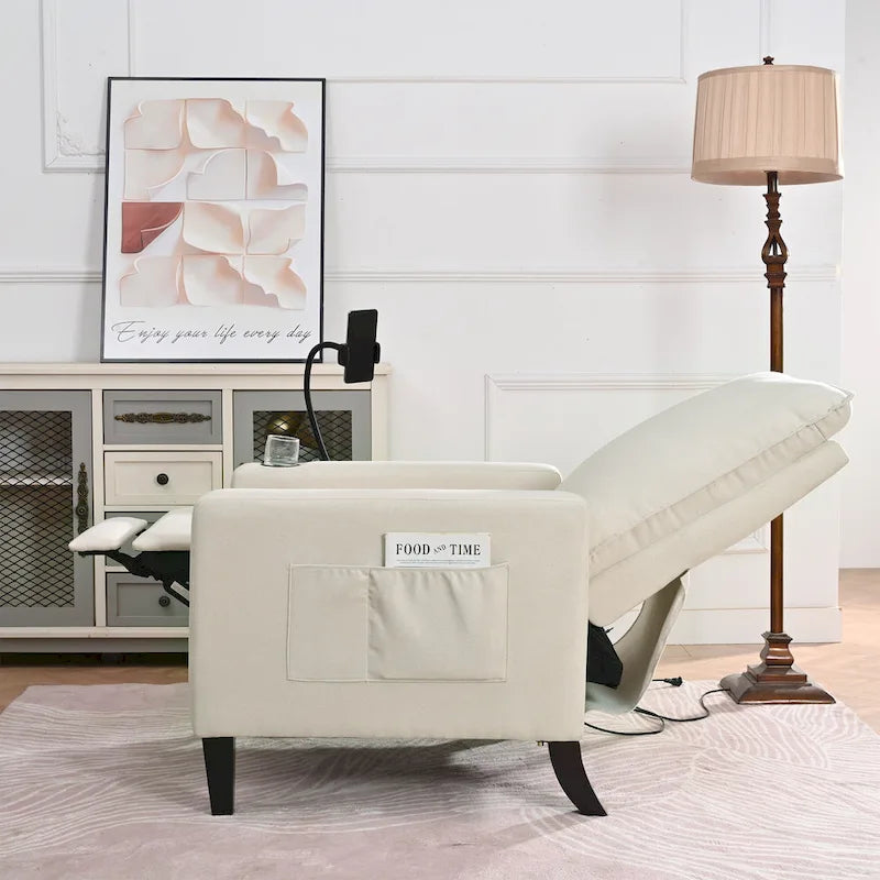 Poltrona reclinabile manuale in tessuto con portacellulare e contenitore, Gialla / Beige / Rossa / Grigia, 1 posto