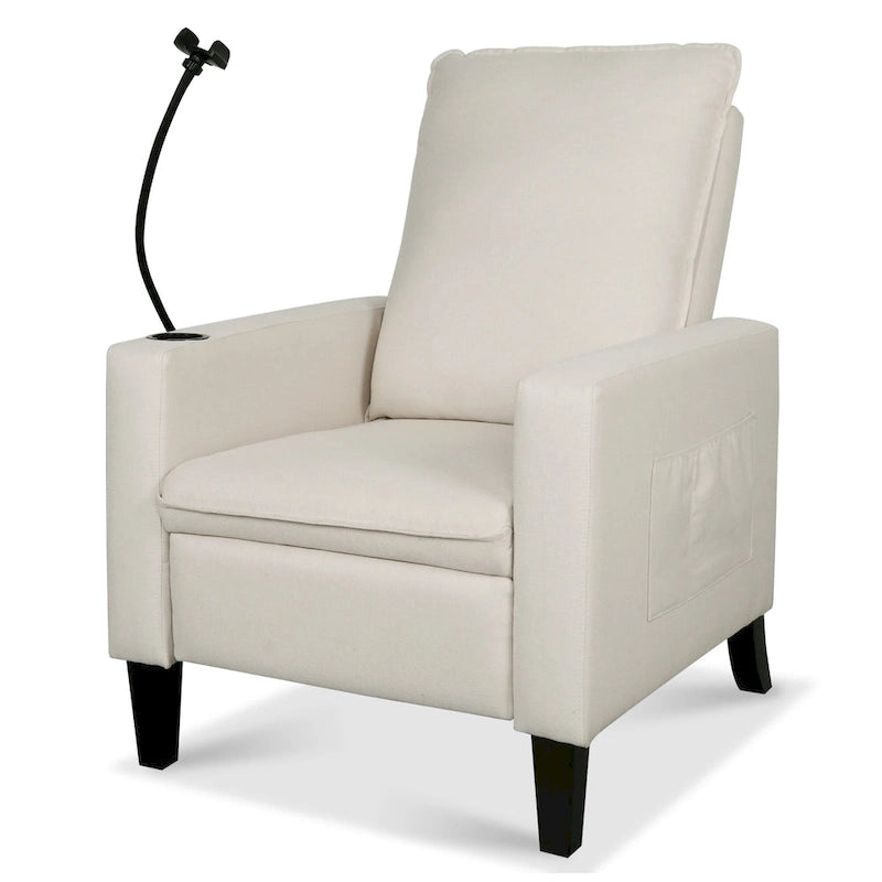 Poltrona reclinabile manuale in tessuto con portacellulare e contenitore, Gialla / Beige / Rossa / Grigia, 1 posto