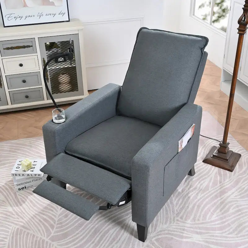 Poltrona reclinabile manuale in tessuto con portacellulare e contenitore, Gialla / Beige / Rossa / Grigia, 1 posto