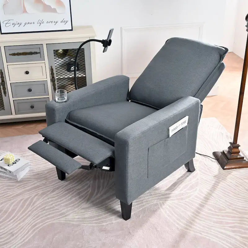 Poltrona reclinabile manuale in tessuto con portacellulare e contenitore, Gialla / Beige / Rossa / Grigia, 1 posto
