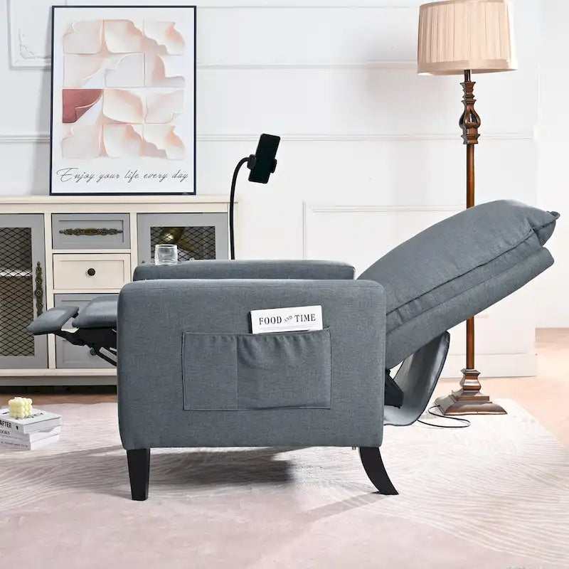 Poltrona reclinabile manuale in tessuto con portacellulare e contenitore, Gialla / Beige / Rossa / Grigia, 1 posto