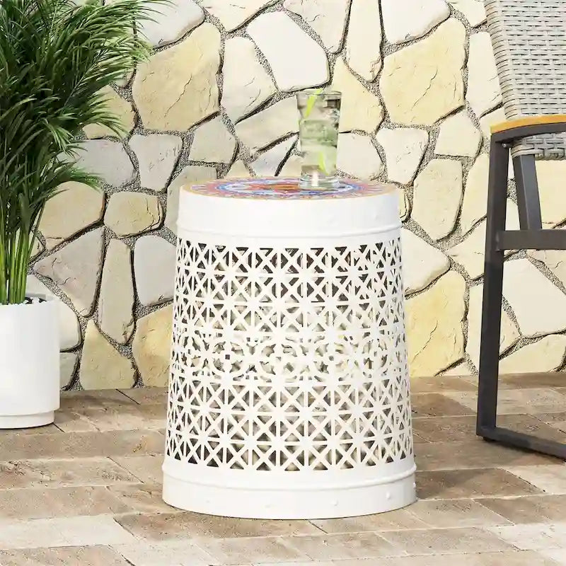 Tavolino d'Appoggio con Dettagli in Metallo Traforato Pizzo Bianco/Blu Scuro, 1 Persona