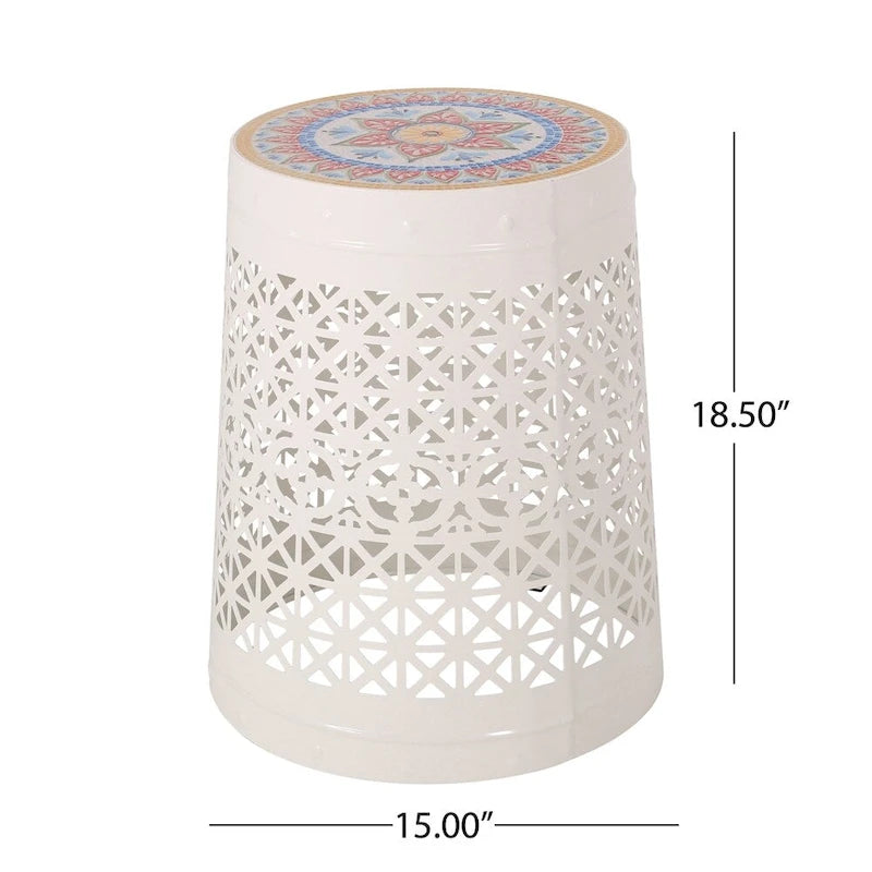 Tavolino d'Appoggio con Dettagli in Metallo Traforato Pizzo Bianco/Blu Scuro, 1 Persona
