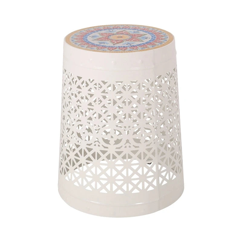 Tavolino d'Appoggio con Dettagli in Metallo Traforato Pizzo Bianco/Blu Scuro, 1 Persona