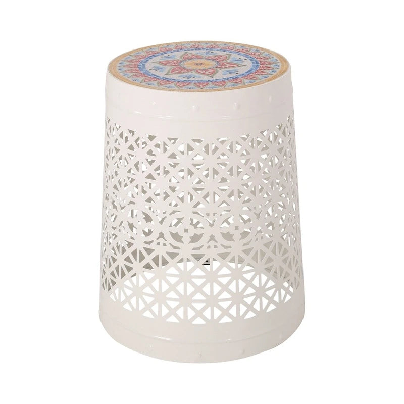 Tavolino d'Appoggio con Dettagli in Metallo Traforato Pizzo Bianco/Blu Scuro, 1 Persona