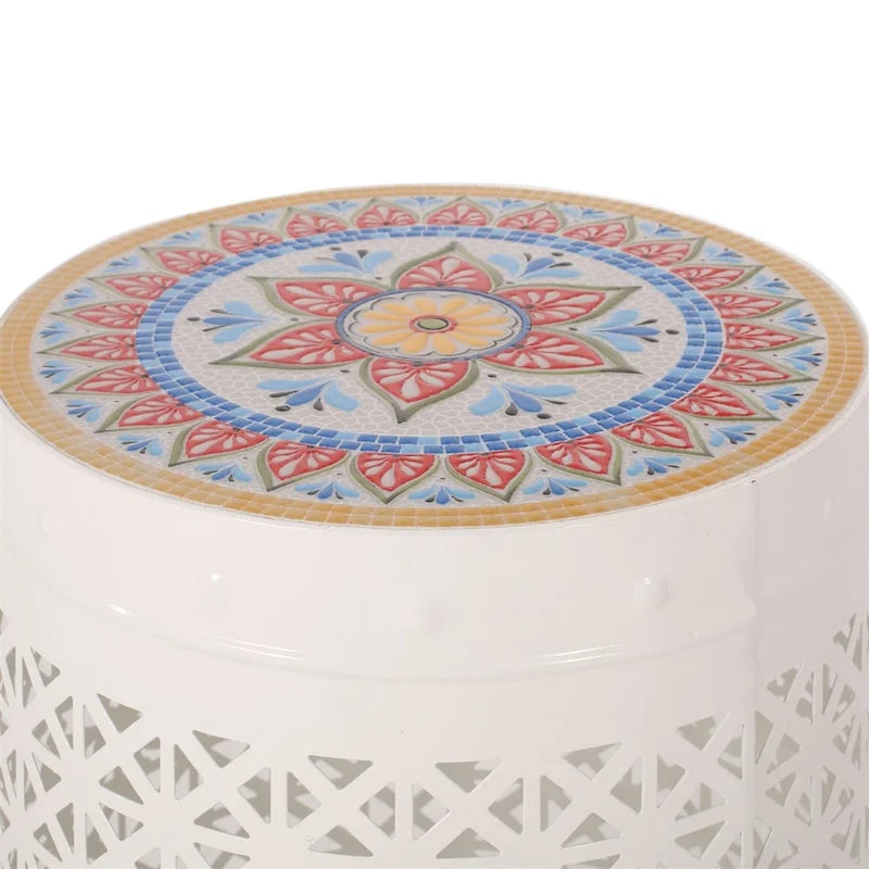 Tavolino d'Appoggio con Dettagli in Metallo Traforato Pizzo Bianco/Blu Scuro, 1 Persona