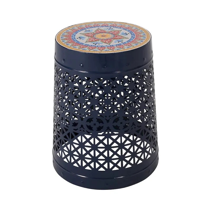Tavolino d'Appoggio con Dettagli in Metallo Traforato Pizzo Bianco/Blu Scuro, 1 Persona