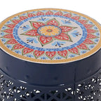 Tavolino d'Appoggio con Dettagli in Metallo Traforato Pizzo Bianco/Blu Scuro, 1 Persona