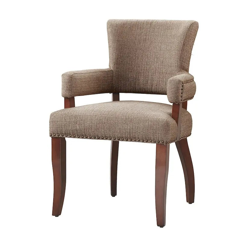 Sedia da pranzo moderna transizionale con braccioli, profili borchiati, marrone/blu/grigio, 1 posto a sedere