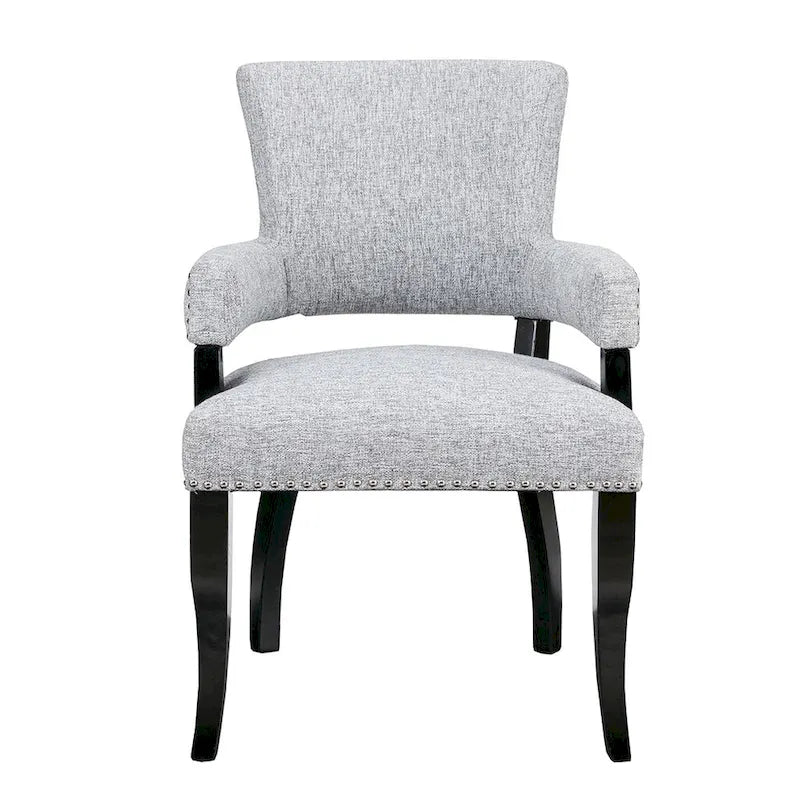 Sedia da pranzo moderna transizionale con braccioli, profili borchiati, marrone/blu/grigio, 1 posto a sedere