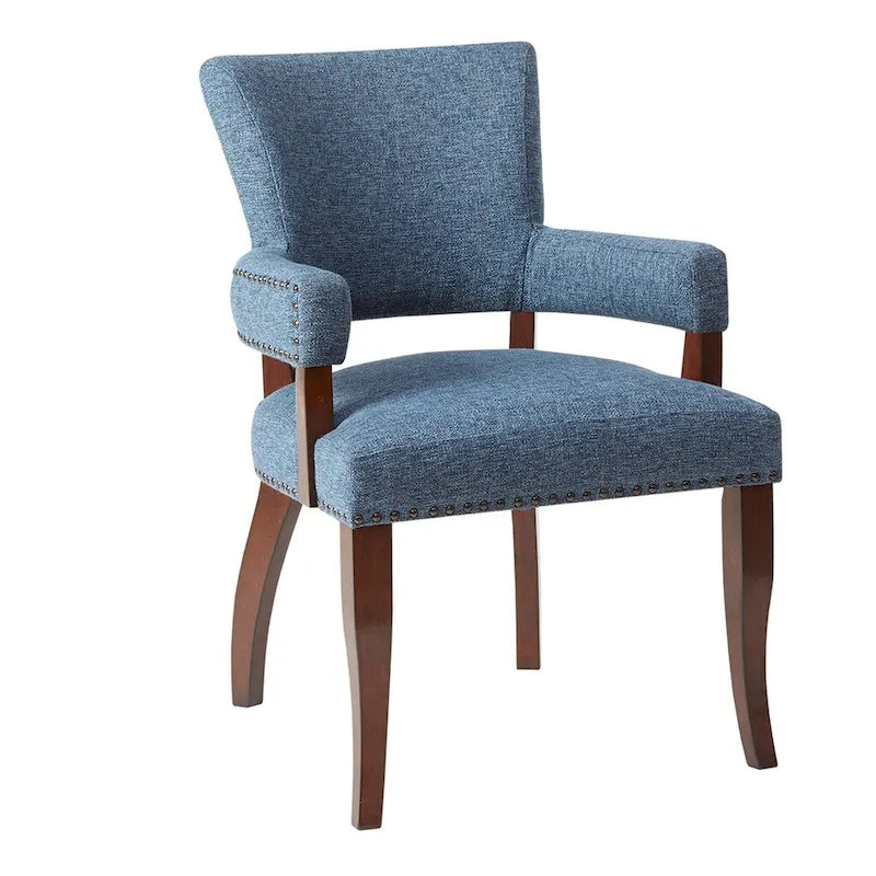 Sedia da pranzo moderna transizionale con braccioli, profili borchiati, marrone/blu/grigio, 1 posto a sedere