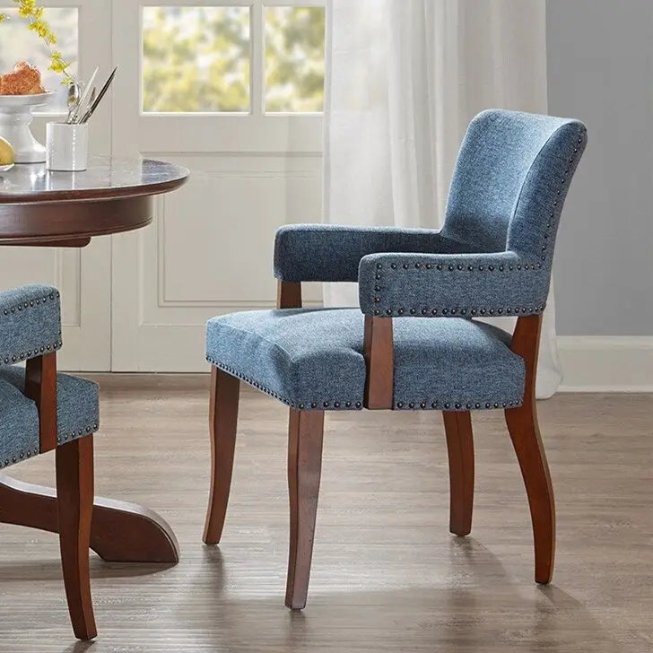 Sedia da pranzo moderna transizionale con braccioli, profili borchiati, marrone/blu/grigio, 1 posto a sedere
