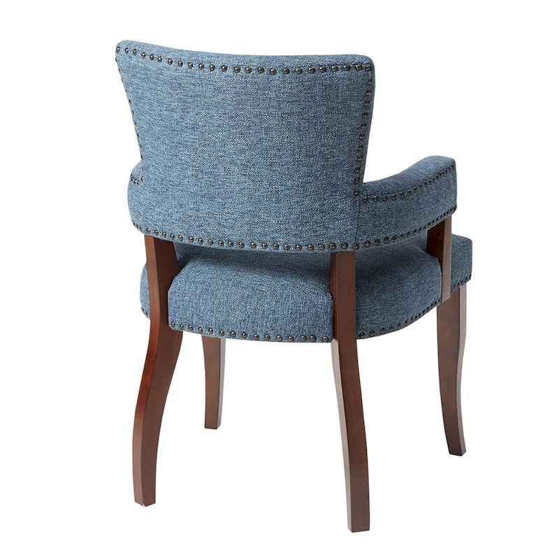 Sedia da pranzo moderna transizionale con braccioli, profili borchiati, marrone/blu/grigio, 1 posto a sedere
