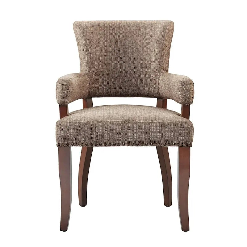Sedia da pranzo moderna transizionale con braccioli, profili borchiati, marrone/blu/grigio, 1 posto a sedere