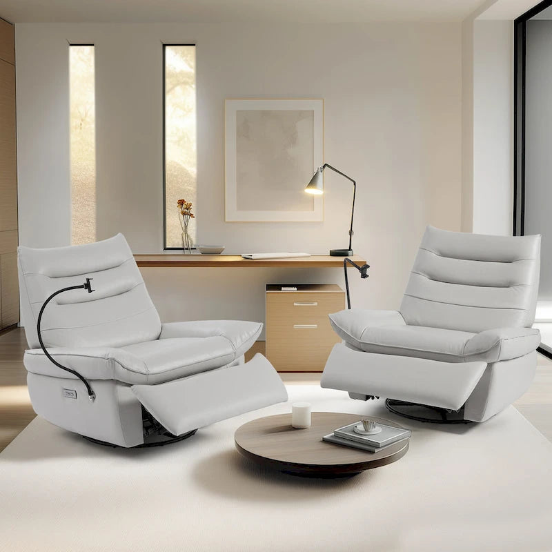 Poltrona reclinabile, girevole e a dondolo, grigio/marrone/bianco, set da 2