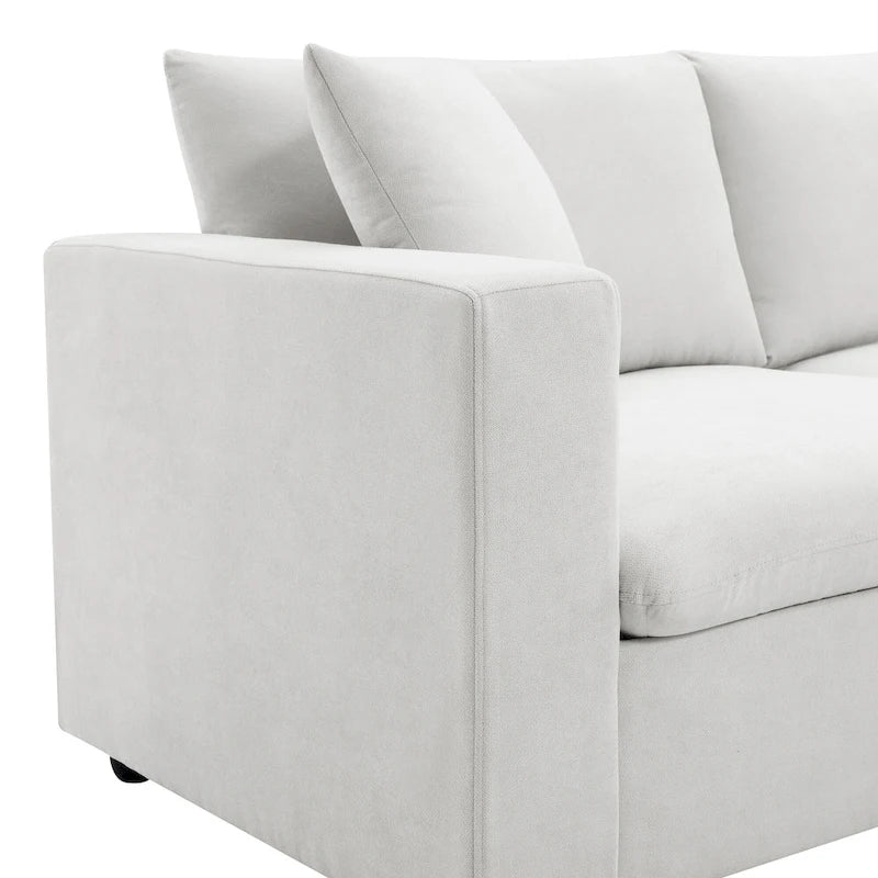 Divano sezionale a L bianco con pouf, 5 posti a sedere