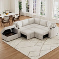 Divano componibile a L beige/grigio con letto estraibile e pouf contenitore