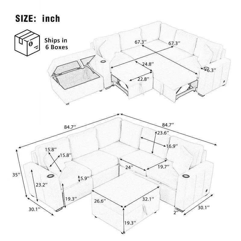 Divano componibile a L beige/grigio con letto estraibile e pouf contenitore