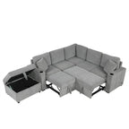 Divano componibile a L beige/grigio con letto estraibile e pouf contenitore