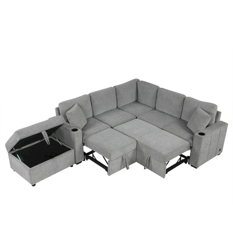 Divano componibile a L beige/grigio con letto estraibile e pouf contenitore