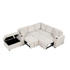 Divano componibile a L beige/grigio con letto estraibile e pouf contenitore
