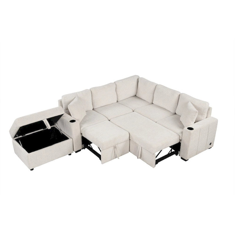 Divano componibile a L beige/grigio con letto estraibile e pouf contenitore