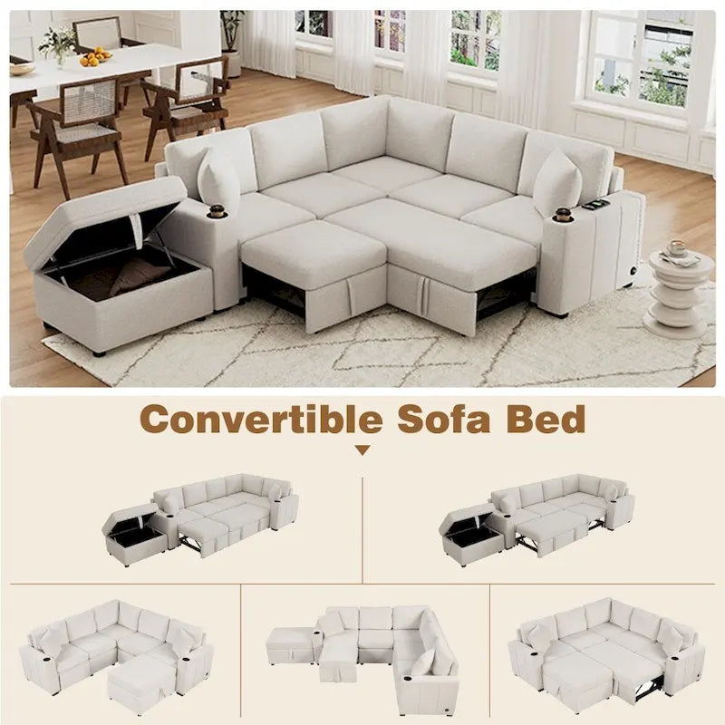Divano componibile a L beige/grigio con letto estraibile e pouf contenitore