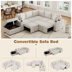 Divano componibile a L beige/grigio con letto estraibile e pouf contenitore