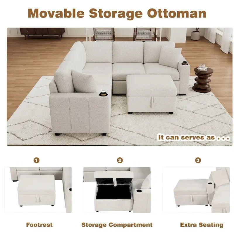 Divano componibile a L beige/grigio con letto estraibile e pouf contenitore