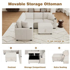 Divano componibile a L beige/grigio con letto estraibile e pouf contenitore