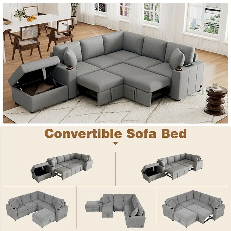 Divano componibile a L beige/grigio con letto estraibile e pouf contenitore