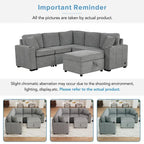 Divano componibile a L beige/grigio con letto estraibile e pouf contenitore