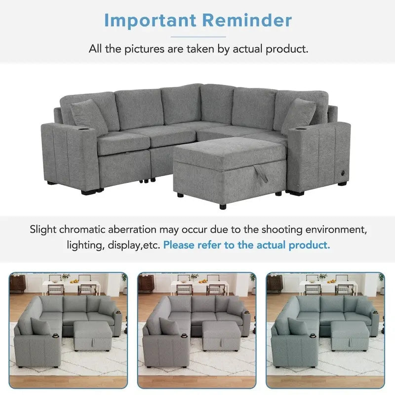 Divano componibile a L beige/grigio con letto estraibile e pouf contenitore