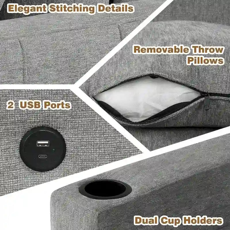 Divano componibile a L beige/grigio con letto estraibile e pouf contenitore