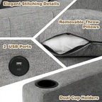 Divano componibile a L beige/grigio con letto estraibile e pouf contenitore