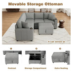 Divano componibile a L beige/grigio con letto estraibile e pouf contenitore