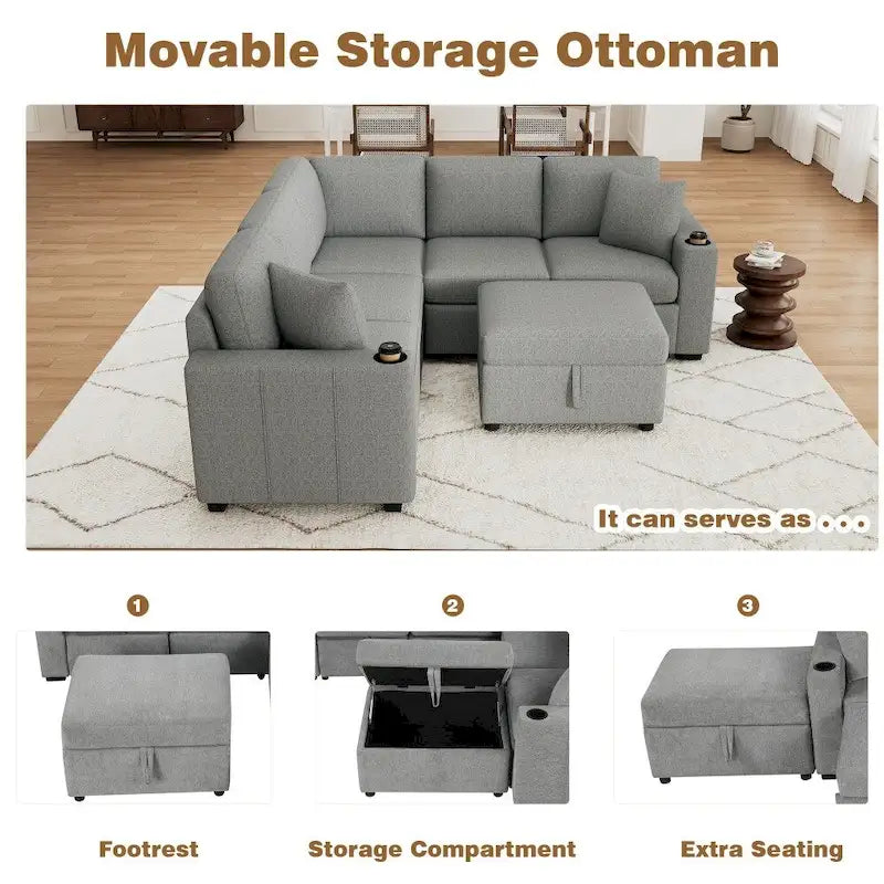 Divano componibile a L beige/grigio con letto estraibile e pouf contenitore