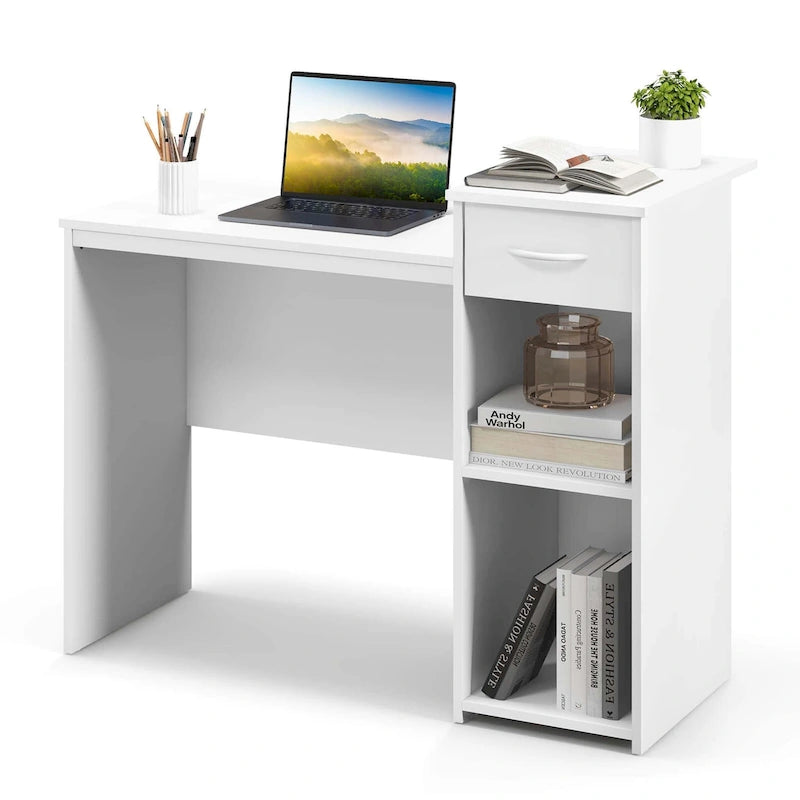 Scrivania bianca per computer con cassetto, monoposto