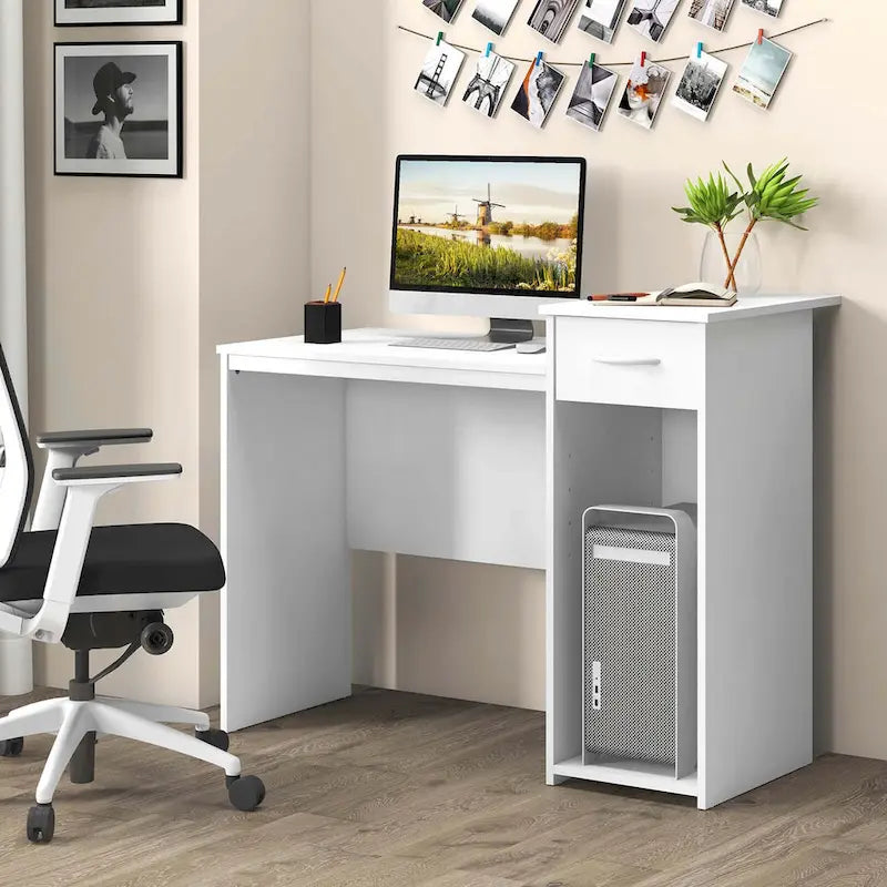 Scrivania bianca per computer con cassetto, monoposto