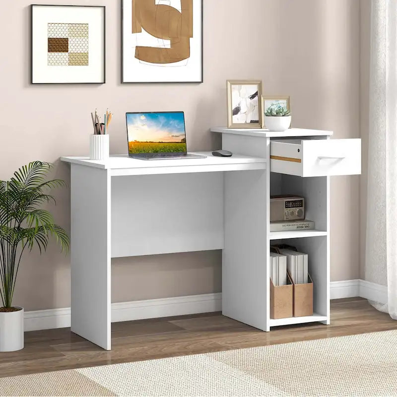 Scrivania bianca per computer con cassetto, monoposto