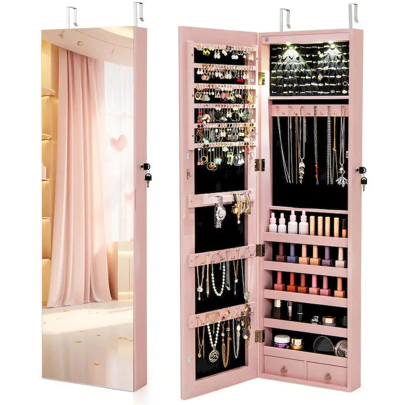Armadietto portagioie con specchio e montaggio a parete o a porta – Bianco / Marrone / Verde / Rosa / Nero
